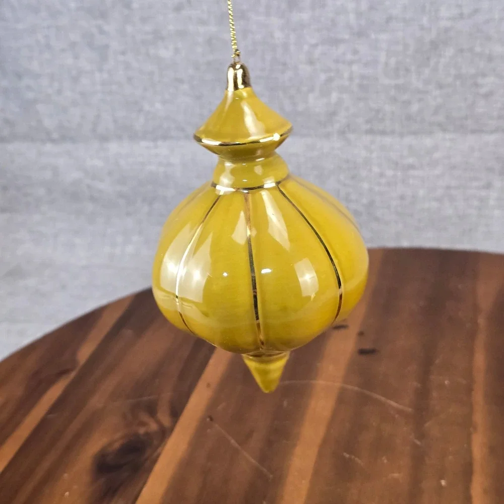 Mustard Yellow Ceramic‎ Finial Christmas Ornament Gold Ribbed Onion Glossy Retro